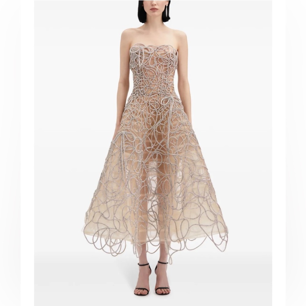Oscar de la Renta Beige and Silver Strapless Dress